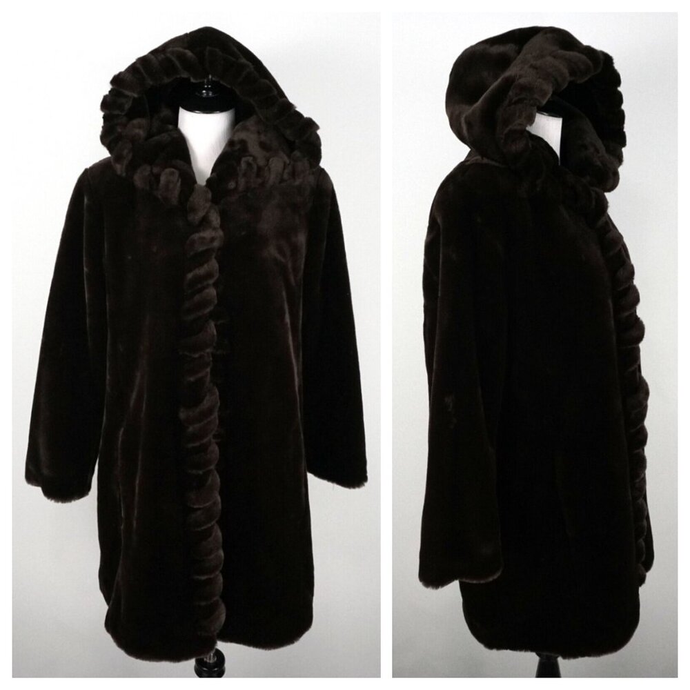 Coldwater Creek Brown Faux Fur Hooded Fully Lined Winter Coat Size Small